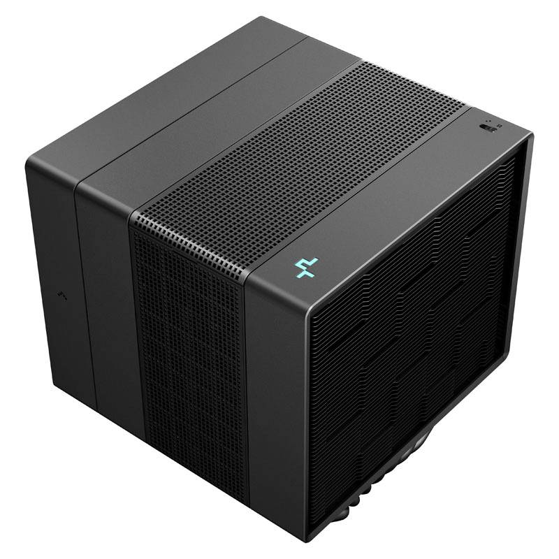 Ein schwarzes, würfelförmiges Computergehäuse mit einem blauen leuchtenden Zeichen befindet sich auf der Vorderseite.