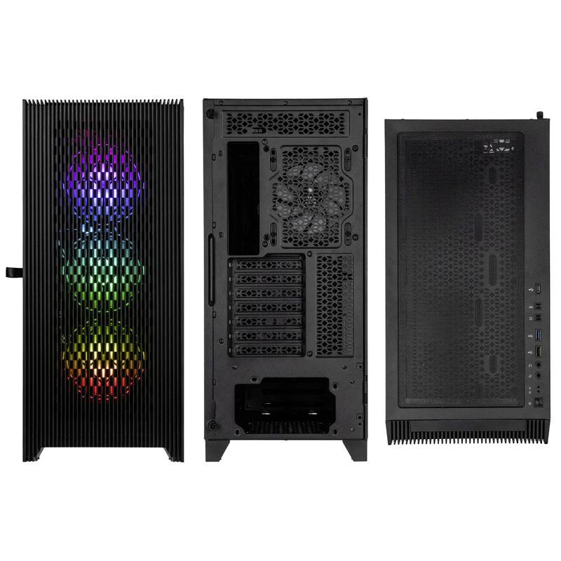 Gehäuse mit drei RGB-Lüftern vorne, Rückseite mit mehreren Erweiterungsslots und Seitentür, Oberseite mit Anschlüssen und Luftlöchern.