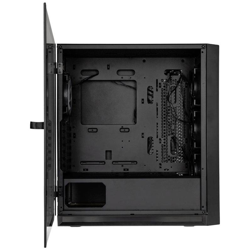 Schwarzes Computergehäuse von innen, mit geöffnetem Seitenteil, zeigt leeres Gehäuse für Komponenteninstallation.