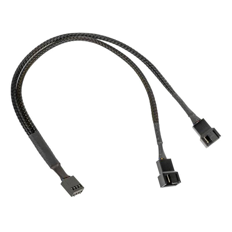 Ein Y-Kabel mit gesleevten, schwarzen Leitungen und zwei vierpoligen Anschlüssen für den Anschluss von Computerlüftern.