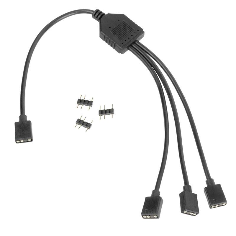 '4-Pin RGB Splitter Kabel' mit einem Eingang und drei Ausgängen, inklusive verbundener Pins, zur Verbindung mehrerer RGB-Leuchten.