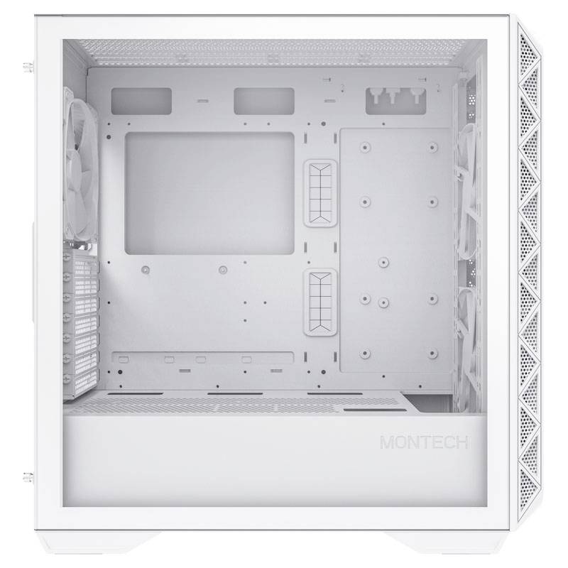 Gehäuse eines Computertowers in Weiß mit mehreren Lüftern und Platz für Kabelmanagement, bietet Platz für verschiedene Hardware-Komponenten.