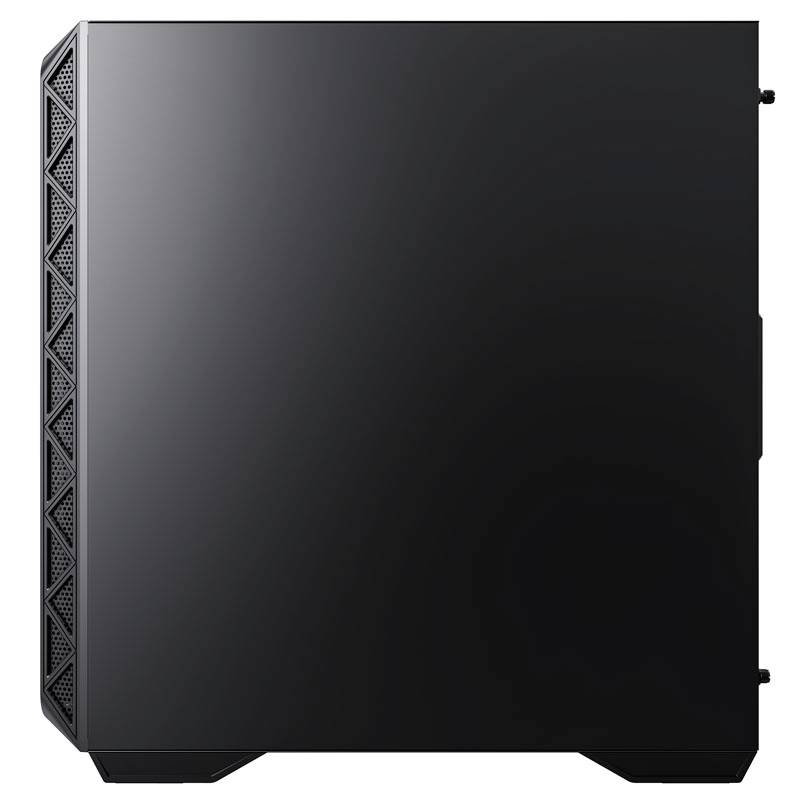 Schwarzes Computergehäuse in seitlicher Ansicht mit schlichtem, modernem Design und belüfteten Kanten.