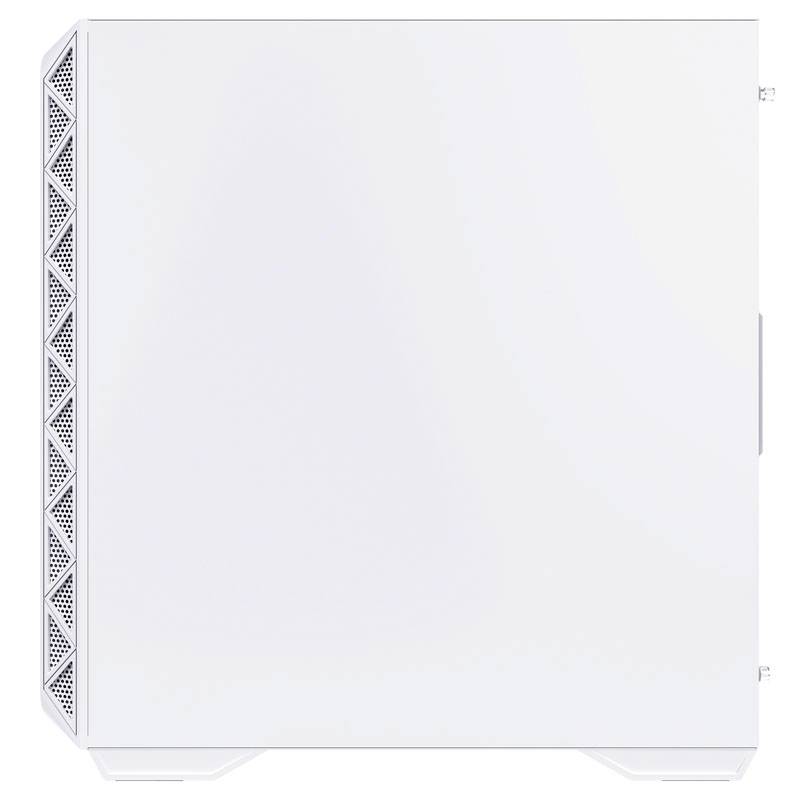 Ein weißes Computergehäuse mit einem schlichten, modernen Design, Seitenansicht.