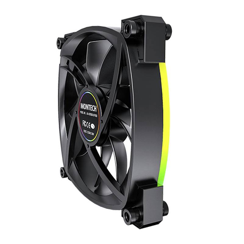 Ein schwarzer Computerlüfter mit grün-gelber RGB-Beleuchtung an der Seite. Die Marke 'MONTECH' ist auf der Mitte zu sehen.