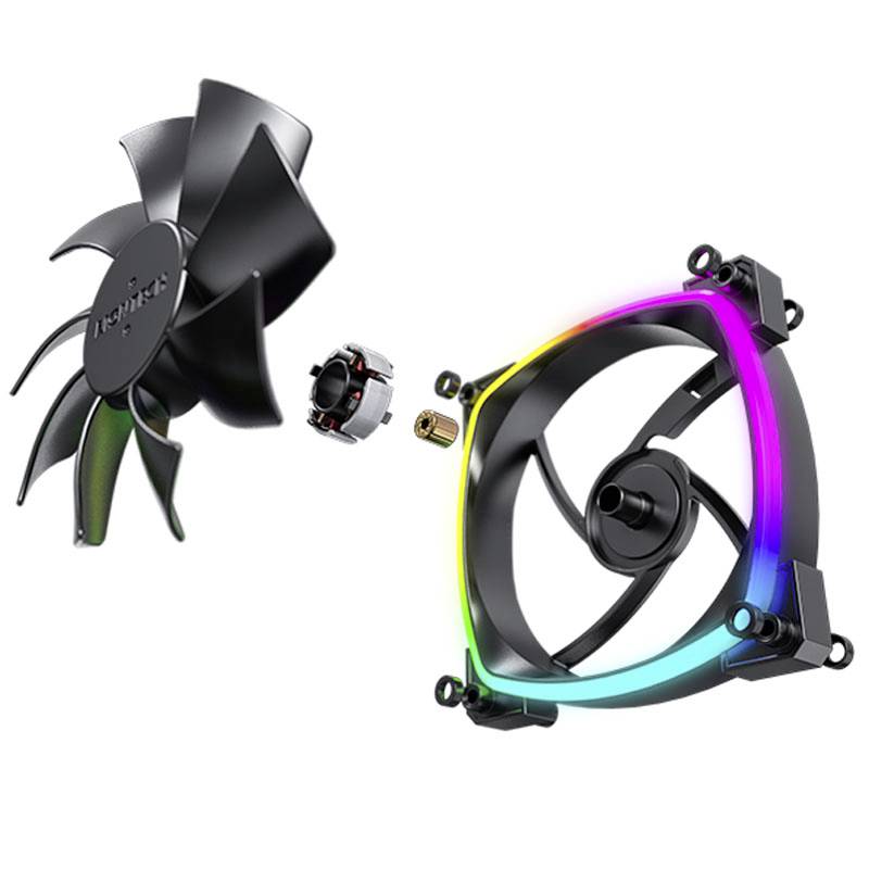 Ein zerlegter PC-Lüfter zeigt Komponenten: Lüfterblatt, Motor, Rahmen mit RGB-Beleuchtung, ideal für Kühltechnik-Demonstration.