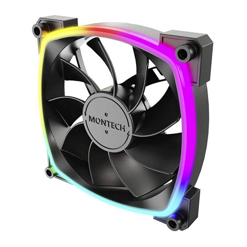 Ein schwarzer Computerlüfter mit bunten LED-Lichtern an der Seite, die in einem Regenbogeneffekt leuchten.