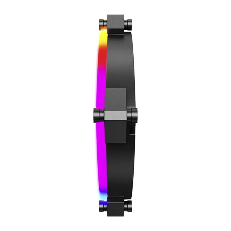 Ein schwarzer Computerlüfter mit leuchtenden LED-Lichtern in Regenbogenfarben an den Seiten, Seitenansicht.