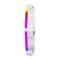 Ein schmaler weißer Ventilator mit leuchtenden LED-Streifen in Regenbogenfarben an der Seite, zeigt eine seitliche Ansicht.