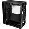 Schwarzes PC-Gehäuse mit offenem Seitenpanel, zeigt internes Kabelmanagement und Platz für Komponenteninstallation.
