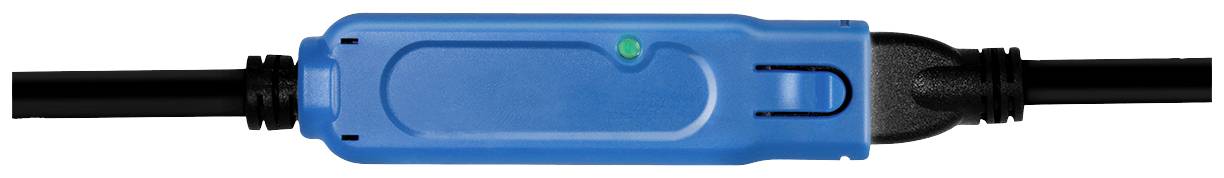 Ein blauer elektrischer Stecker mit einem schwarzen Kabel an beiden Enden. Der Stecker hat eine kleine grüne Kontrollleuchte.