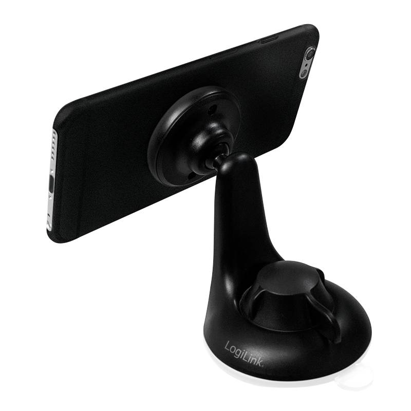 Ein schwarzer Handyhalter mit Saugnapf hält ein Smartphone in horizontaler Ausrichtung. Geeignet für Autoinnenräume oder Schreibtische.