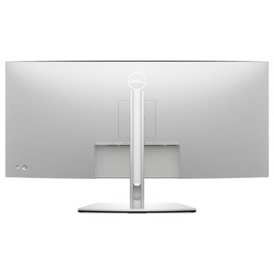 Das Bild zeigt die Rückseite eines großen, schlanken, grauen Dell-Monitors mit einem rechteckigen Ständer, auf dem prominent das Dell-Logo in der Mitte platziert ist.