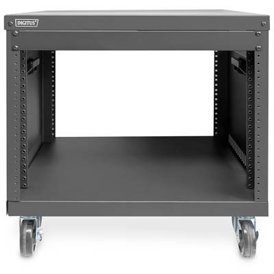 Schwarzes, rollbares Rack-Gehäuse von Digitus mit offenem Zugang vorne und hinten, geeignet für die Montage von IT-Geräten.
