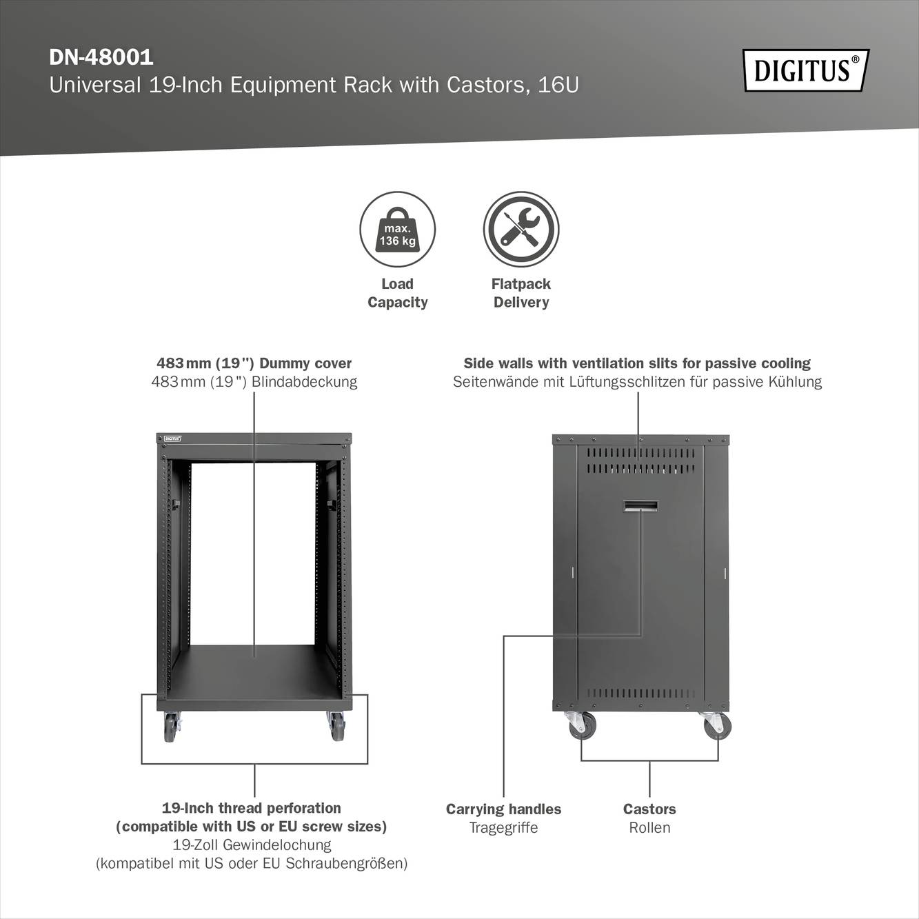 'Universal 19-Zoll-Geräterack mit Rollen, 16HE. Traglast 130kg. Seitenteile mit Lüftungsöffnungen. Lieferung flach verpackt.'