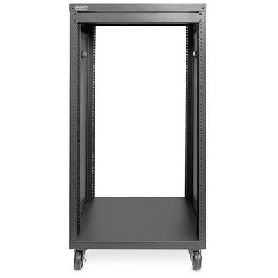 Ein schwarzes, mobiles Server-Rack-Gehäuse auf Rollen, leer, geeignet zur Montage von IT-Komponenten, mit Maßen für 19-Zoll-Geräte.
