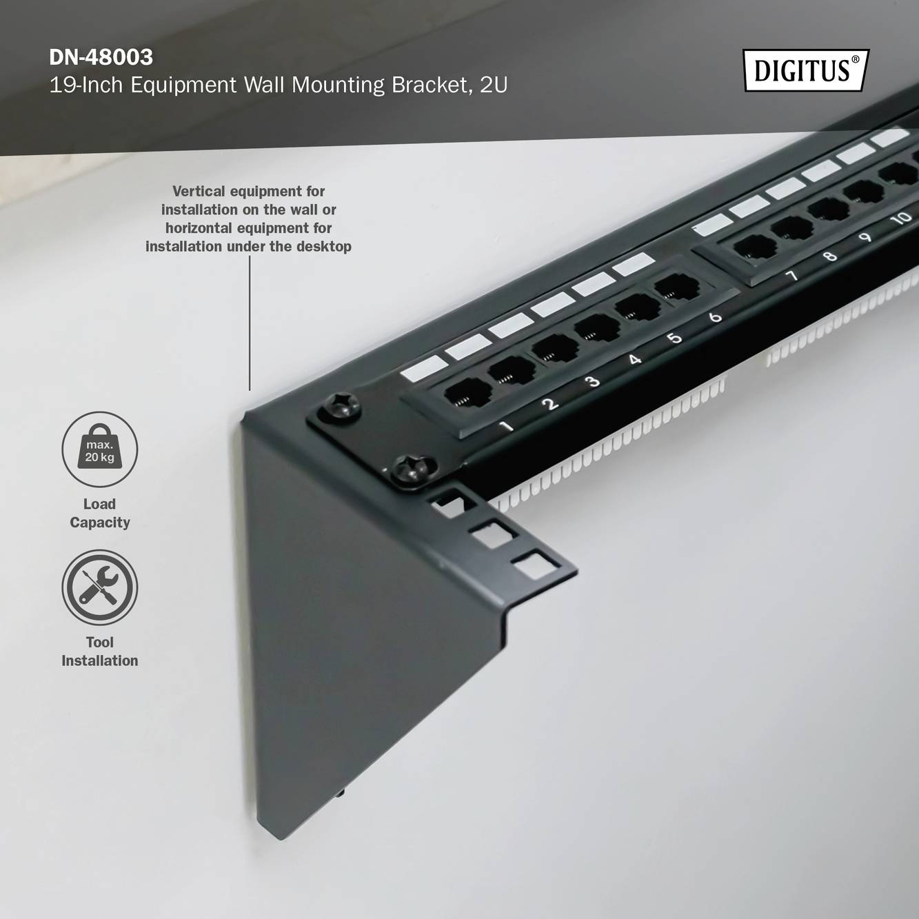 19-Zoll-Wandmontagehalterung für Geräte, 2HE von Digitus. Geeignet für vertikale oder horizontale Installation. Maximale Tragfähigkeit abgebildet.