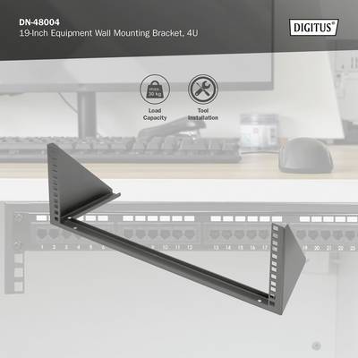Ein 19-Zoll-Wandmontagewinkel (4HE) mit einer Tragkraft von 20 kg wird vor einem Computerbildschirm und einer Tastatur gezeigt.