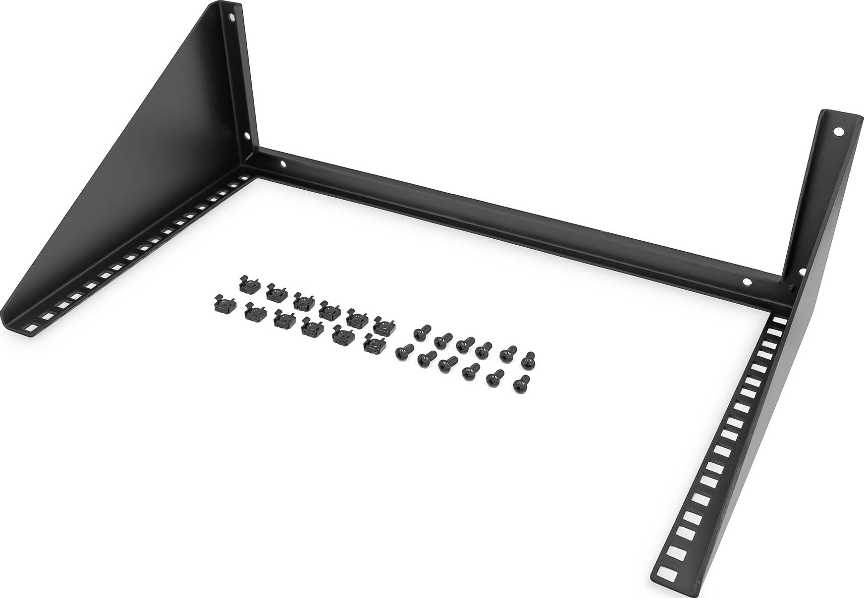 Ein schwarzes Wandregal zur Kabelorganisation mit Montagematerial und mehreren Befestigungsschrauben in einer Reihe davor.