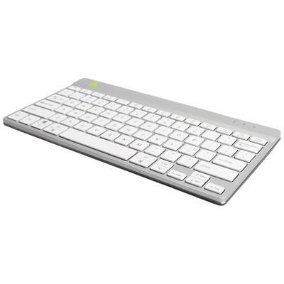 Eine drahtlose, kompakte Computertastatur mit weißen Tasten auf einem grauen Gehäuse, geeignet für bequeme Texteingabe ohne Kabel.