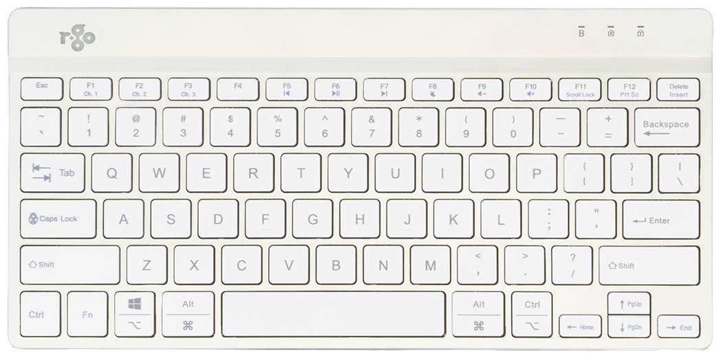 Weiße, kompakte QWERTY-Tastatur mit Funktionstastenreihe oben und Pfeiltasten rechts. Enthält Tasten wie 'Enter', 'Shift', und 'Backspace'. Ideal für Laptops/Tablets.