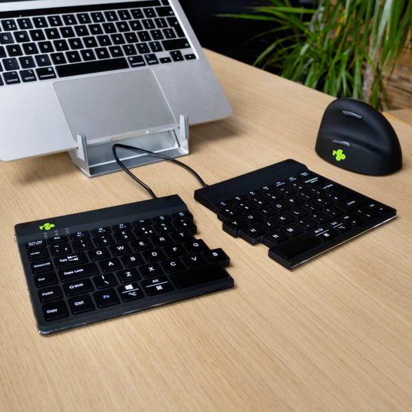 Ein Laptop steht auf einem Ständer. Daneben liegt eine geteilte, schwarze, ergonomische Tastatur und eine ergonomische Maus in Schwarz. Im Hintergrund sind grüne Pflanzen sichtbar.