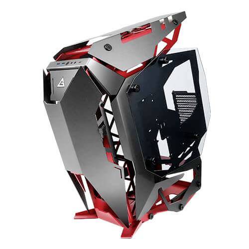 Ein futuristisches PC-Gehäuse mit kantigem, offenem Design in Schwarz und Rot, Seitenfenster, geeignet für Gaming-Setups.