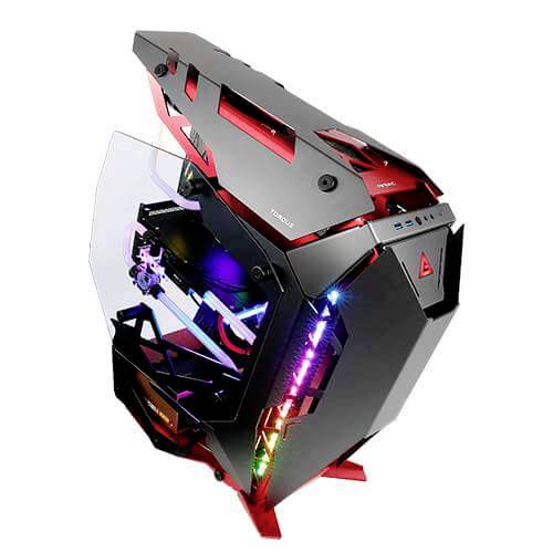 Ein futuristisch gestalteter Gaming-Computer mit transparentem Gehäuse und bunter LED-Beleuchtung.