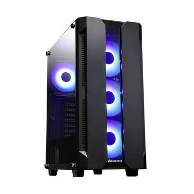 Ein seitlicher Blick auf einen PC-Tower mit schwarzem Gehäuse und drei sichtbaren Lüftern, die bläulich leuchten.