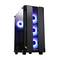 Gaming-PC-Gehäuse in Schwarz mit transparentem Seitenteil und blauen LED-Lüftern. Markiert mit 'Chieftec' Logo auf der Vorderseite.