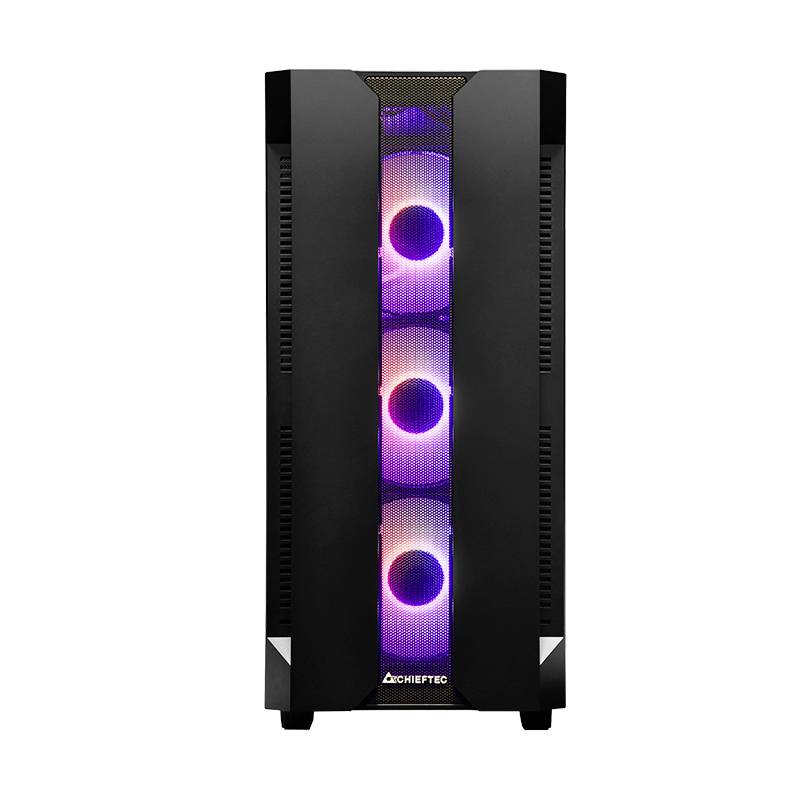 Schwarzes Computergehäuse mit drei runden RGB-Lüftern in der Front, die in verschiedenen Farben leuchten.