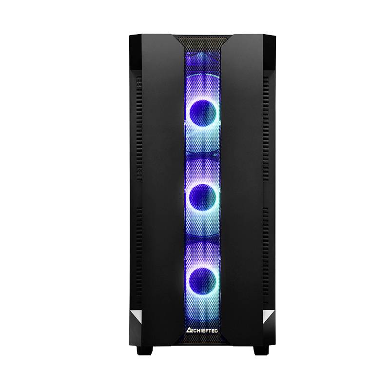 Schwarzes Computergehäuse mit drei beleuchteten Lüftern in der Frontansicht. Lüfter leuchten in blauem und lila Licht.