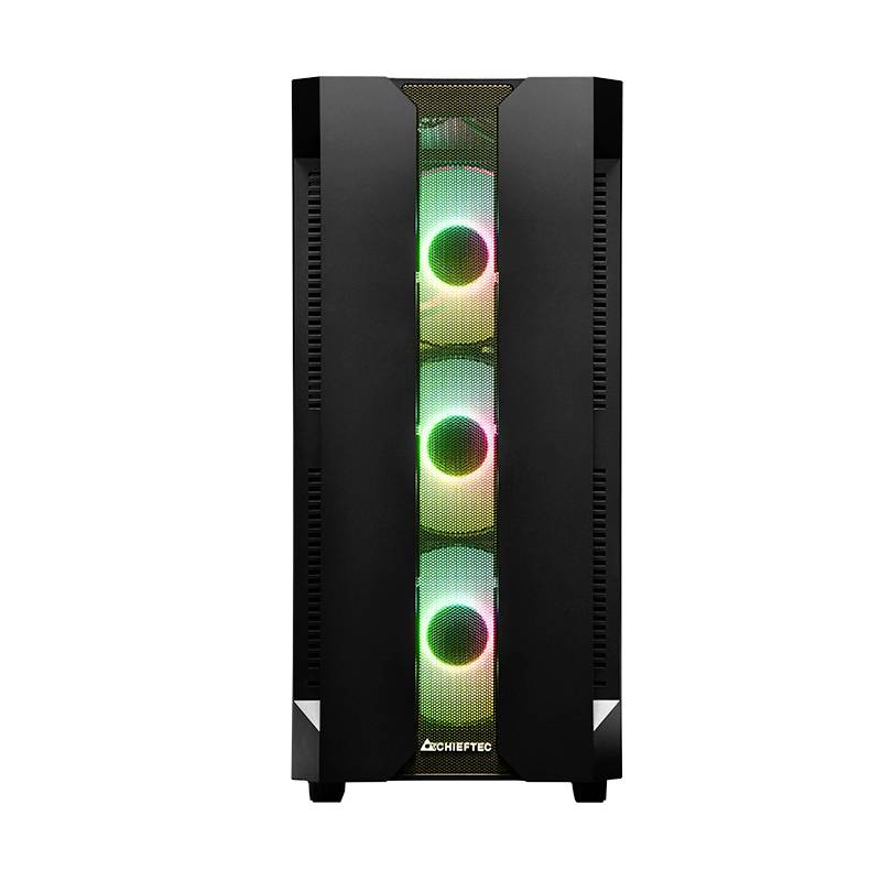 Schwarzes Computergehäuse mit drei beleuchteten Lüftern in verschiedenen Farben auf der Vorderseite.