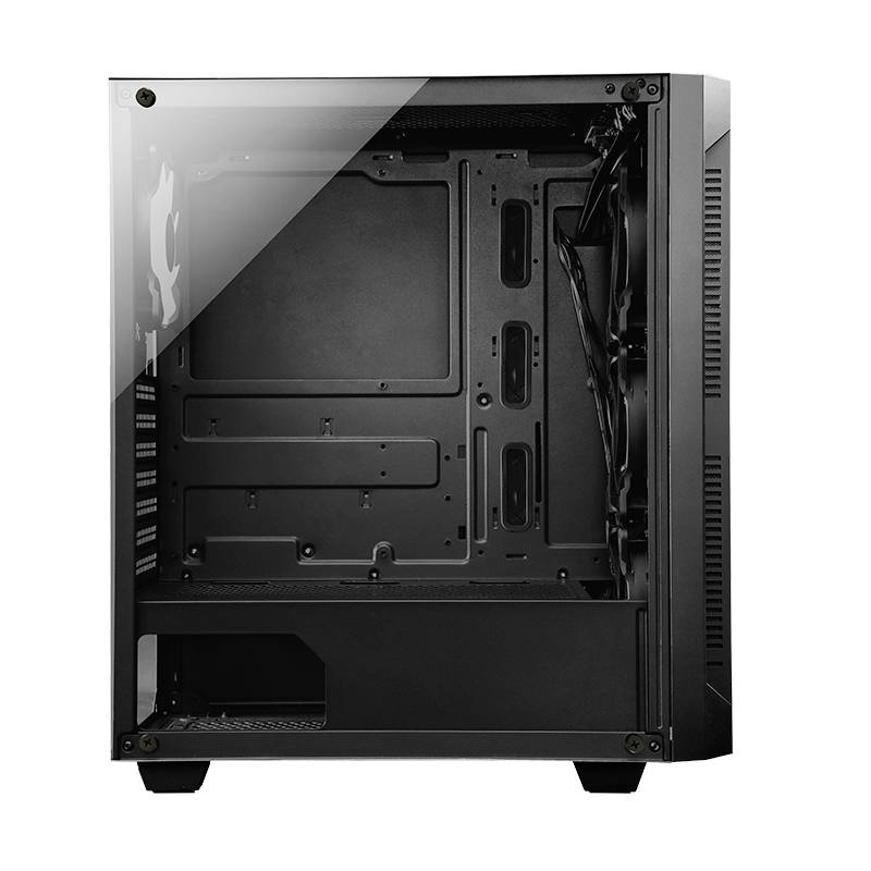 Ein leeres, schwarzes PC-Gehäuse mit durchsichtiger Seitenscheibe, bereit für Komponenteninstallation.