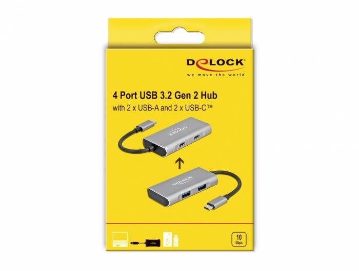 'Verpackung eines 4-Port-USB 3.2 Gen 2 Hubs mit 2 USB-A- und 2 USB-C-Anschlüssen, Marke Delock, gelber Hintergrund.'