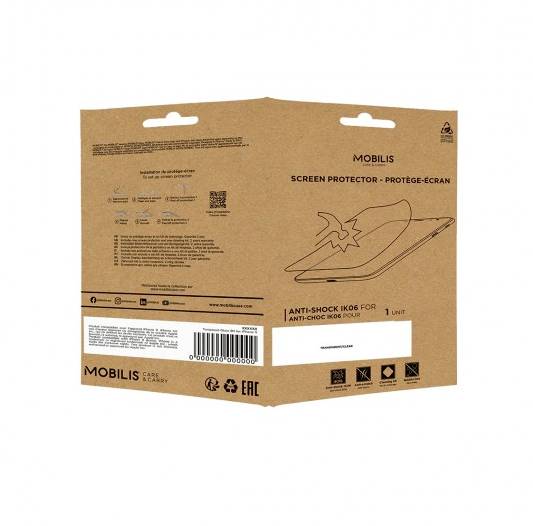 Die Verpackung eines 'Mobilis' Bildschirmschutzes zeigt eine Installation und Anti-Schock-Symbolik. Text in Englisch und Französisch.