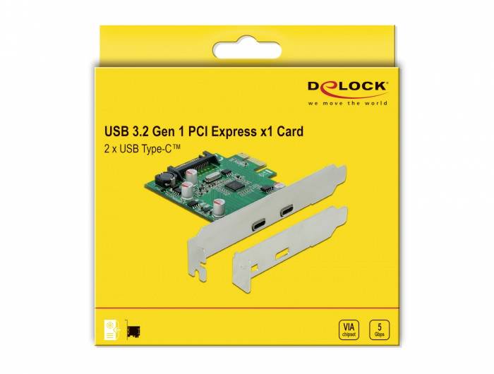 'USB 3.2 Gen 1 PCI Express x1 Karte' Verpackung von Delock, zeigt eine grüne Platine mit zwei USB Type-C Anschlüssen und gelbem Hintergrund.