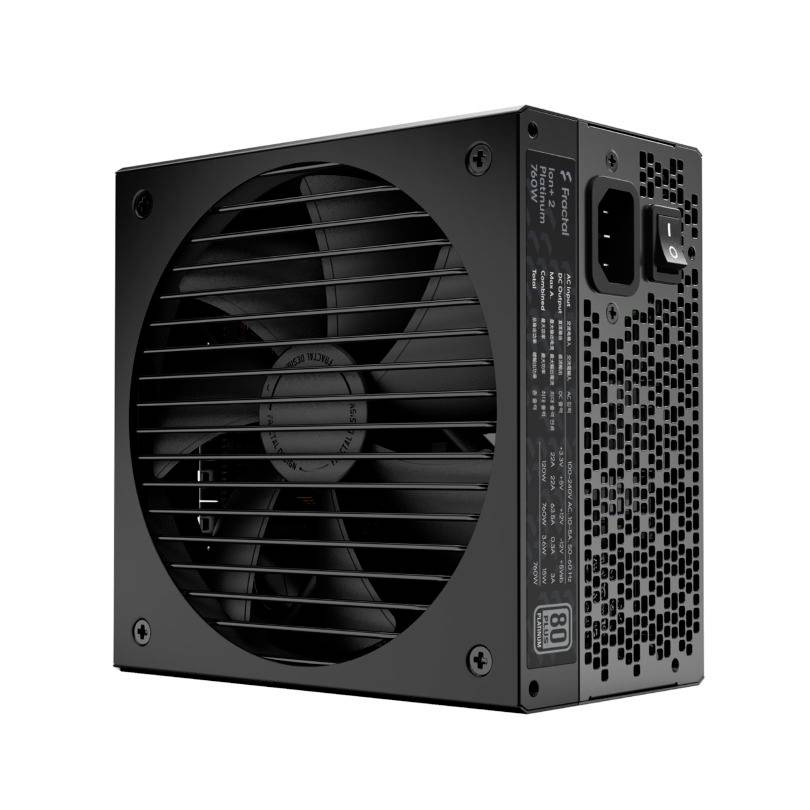 Schwarzes Computernetzteil mit Lüfter, mehreren Anschlüssen und technischer Beschriftung auf der Seite. Designed für effiziente Stromversorgung.