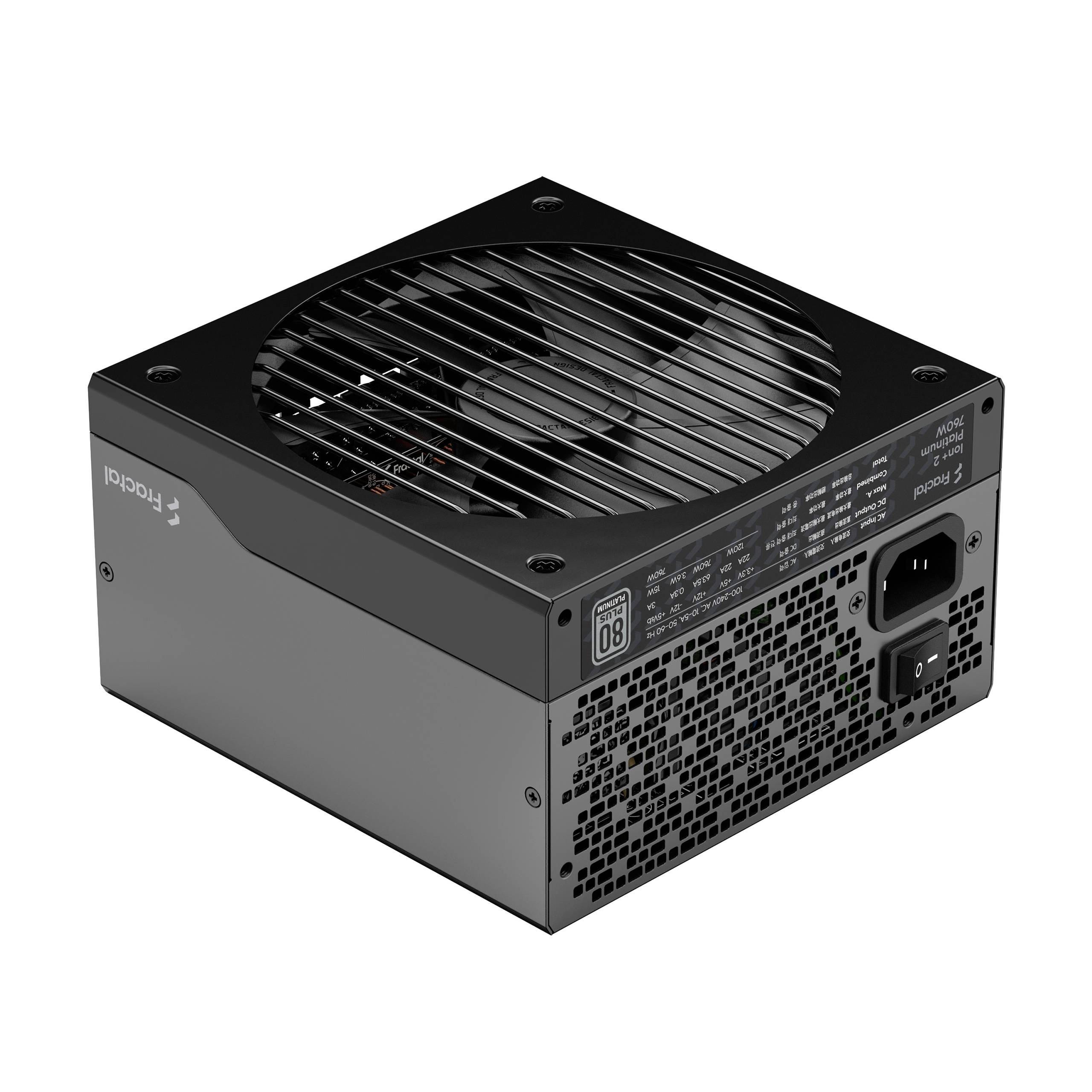 Das Bild zeigt ein schwarzes Computer-Netzteil mit Lüfteroberseite und Anschlussbuchsen an der Vorderseite für Kabelverbindungen.