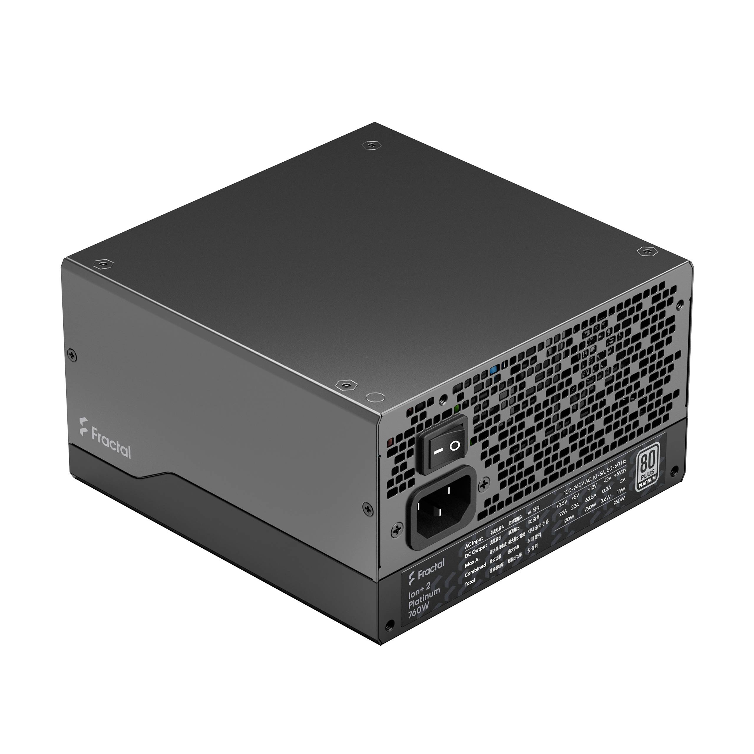 Schwarzes Computer-Netzteil von Fractal mit 80 Plus-Zertifizierung, Lüftungsgitter, Netzkabelanschluss und Ein-/Ausschalter.