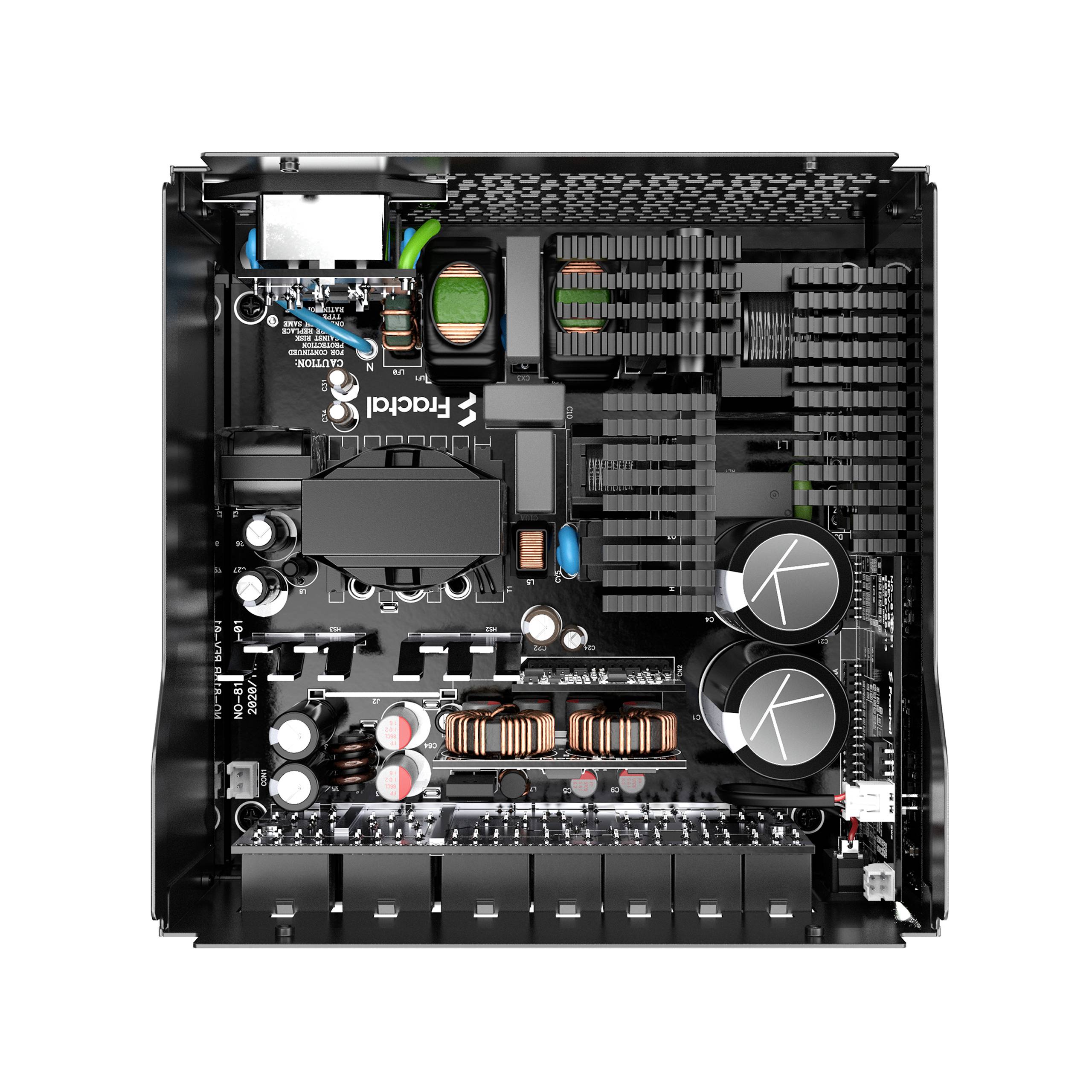 Das Bild zeigt die Innenansicht eines Computer-Netzteils. Sichtbare Komponenten sind Kondensatoren, Spulen, und Kühlkörper.