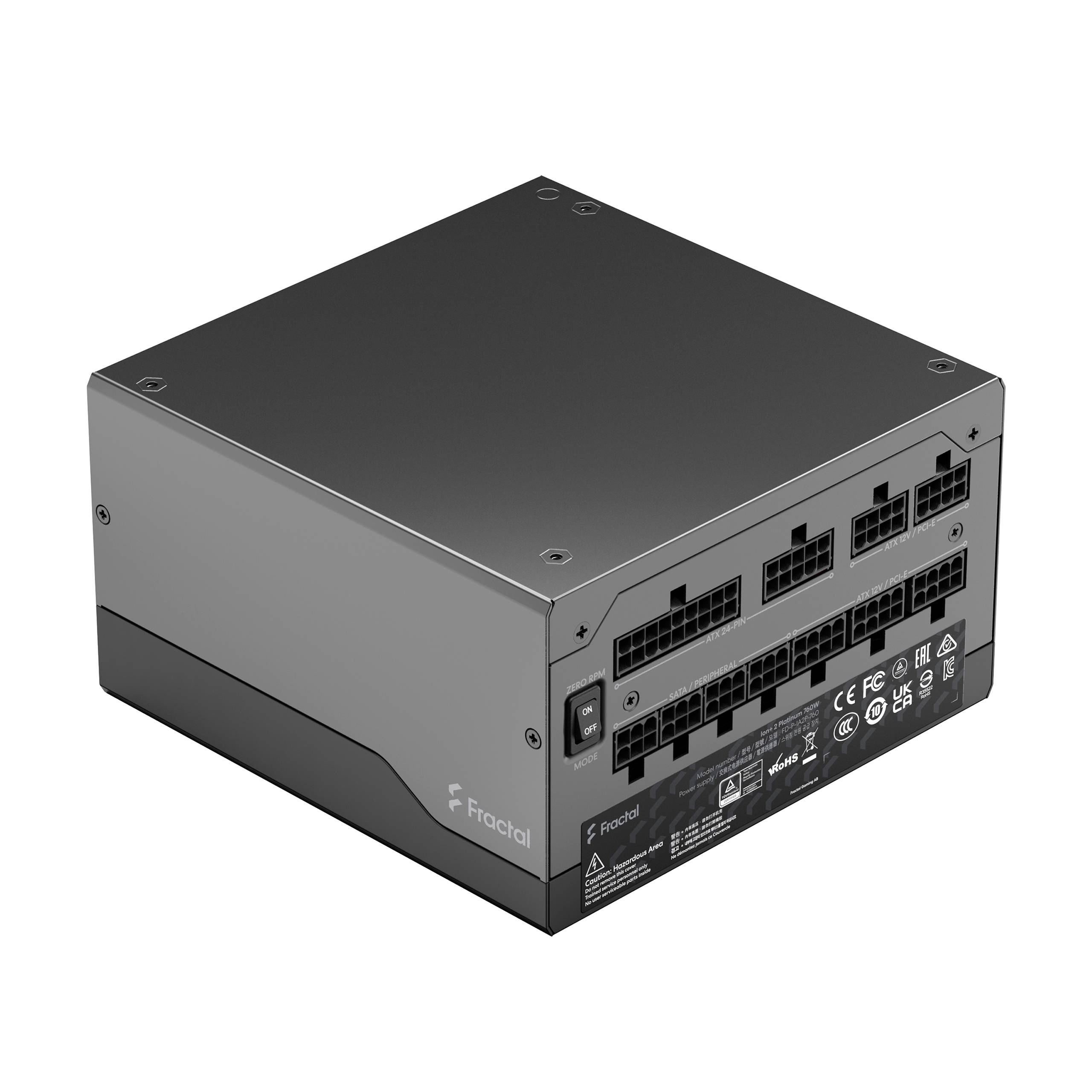 Ein schwarzes Computer-Netzteil mit mehreren Anschlussmöglichkeiten auf der Rückseite; Markenname 'Fractal' sichtbar.