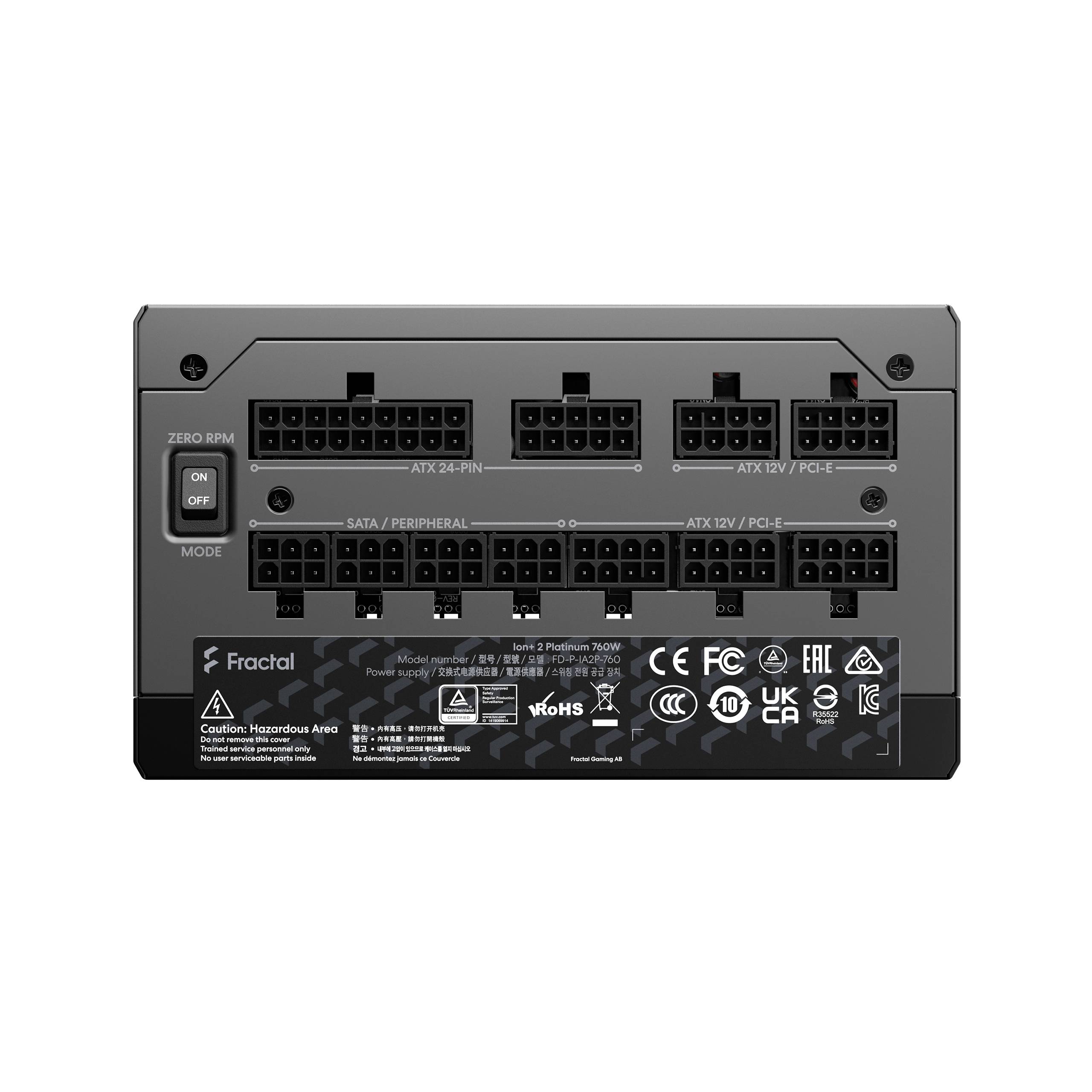 Rückseite eines PC-Netzteils mit mehreren Anschlüssen für ATX, SATA/Periph und PCI-E. Schalter für Zero RPM Mode vorhanden. Markenlogo oben links.
