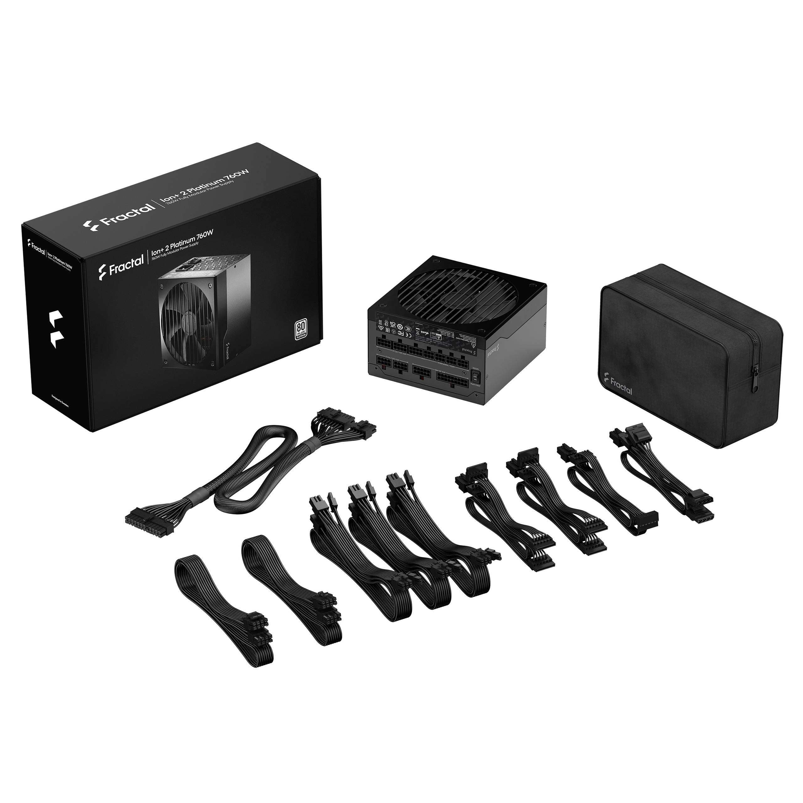 Netzteil mit Kabeln und Schutzhülle neben einer Verpackung, auf der 'Fractal Ion+ 2 Platinum' steht. Geeignet für Computerbau.