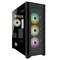 PC-Gehäuse mit Glasfront und Seitenansicht. Enthält bunte RGB-Lüfter vorne und hinten, modern, geeignet für Gaming-PCs.