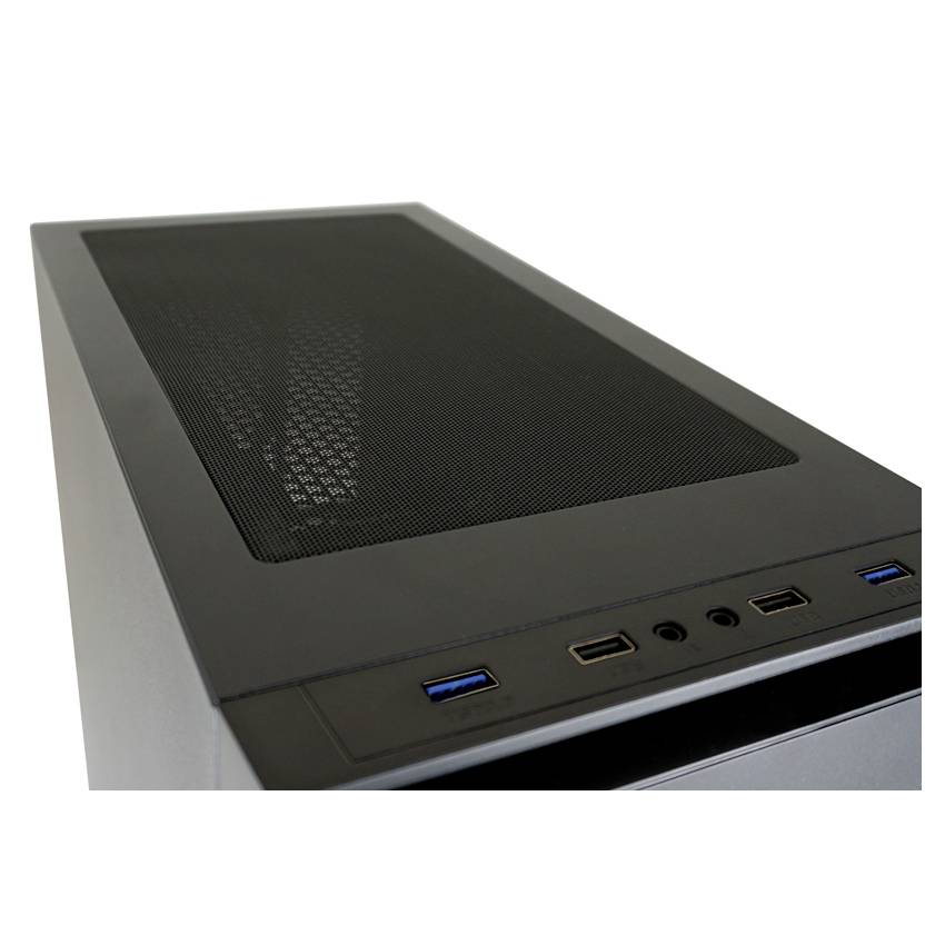 'Schwarzes Computergehäuse mit Gitternetzoberteil und mehreren USB-Anschlüssen an der Vorderseite. Funktionelles Design.'