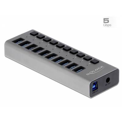 'Metallischer USB-Hub mit 13 Ports, davon 12 USB 3.0-Ports und ein USB 3.0-Typ B-Anschluss. Angabe der Übertragungsgeschwindigkeit: 5 Gbps.'