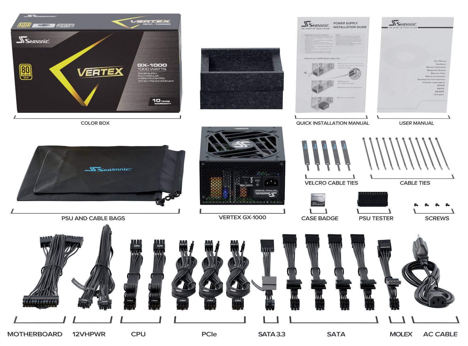 'Seasonic Vertex GX-1000 Netzteil' mit Zubehör: Kabel, Installationsanleitung, Benutzerhandbuch, Kabeltaschen, Tester und Schrauben.