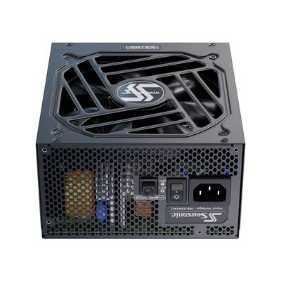 Ein schwarzes PC-Netzteil mit Lüftergitter und mehreren Anschlüssen. Oberseite zeigt 'Vertex'-Logo, Vorderseite hat Markenname.