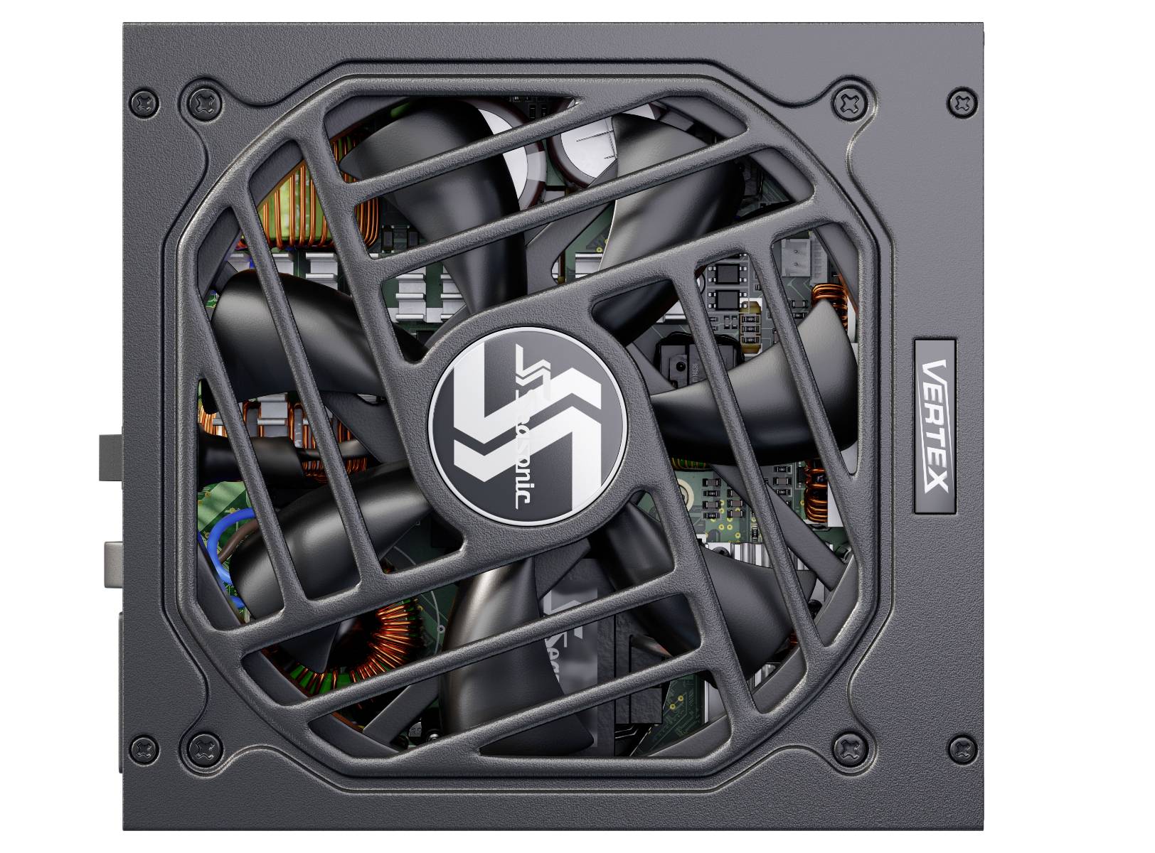 Schwarzes PC-Netzteil mit Lüfter und sichtbaren Kupferspulen. Marke 'Vertex' sichtbar auf der Seite. Technisches Design für Computerbetrieb.